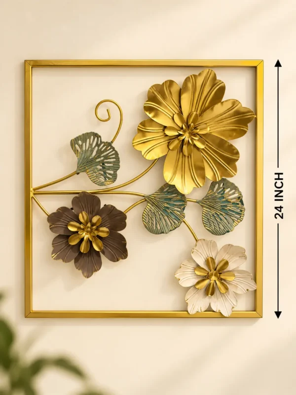 Gold Frame Floral Metal Wall Art with Teal Leaves
