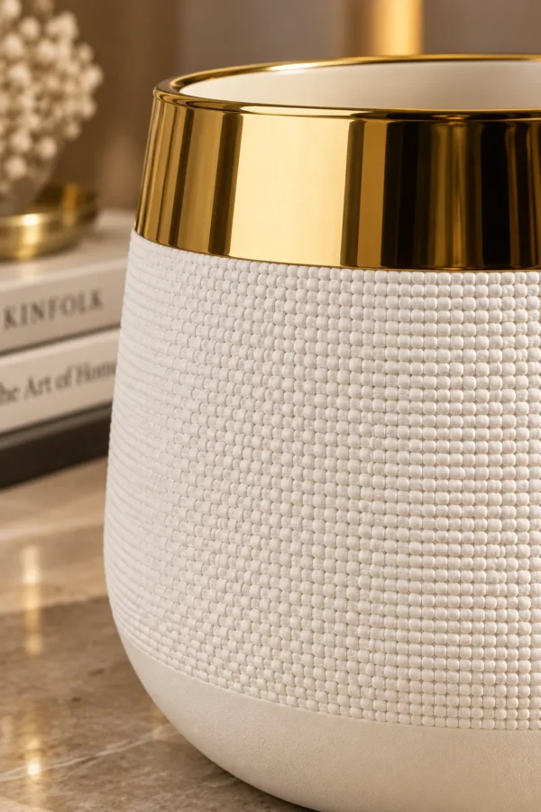 White Ceramic Planter with Gold Rim - product view 2