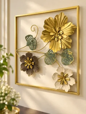 Gold Frame Floral Metal Wall Art with Teal Leaves