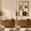 Black Frame Floral Metal Wall Art with Gold Accents