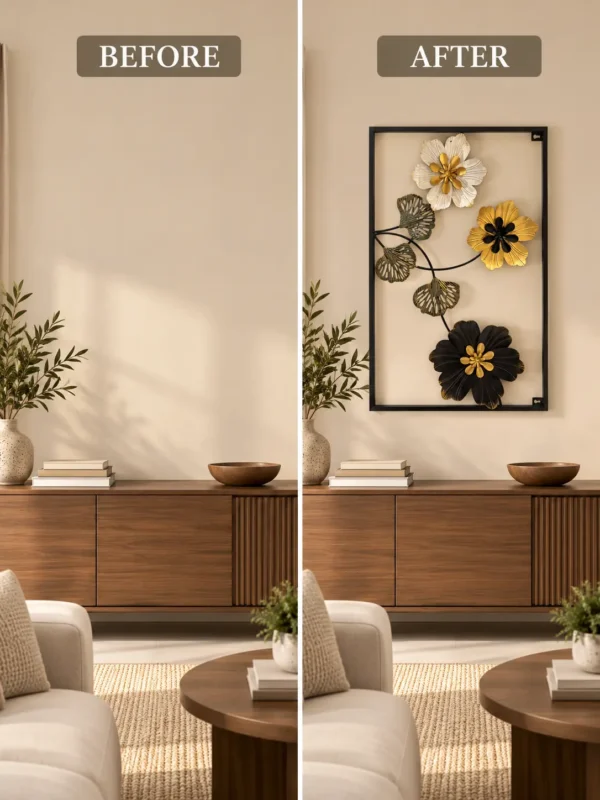 Black Frame Floral Metal Wall Art with Gold Accents