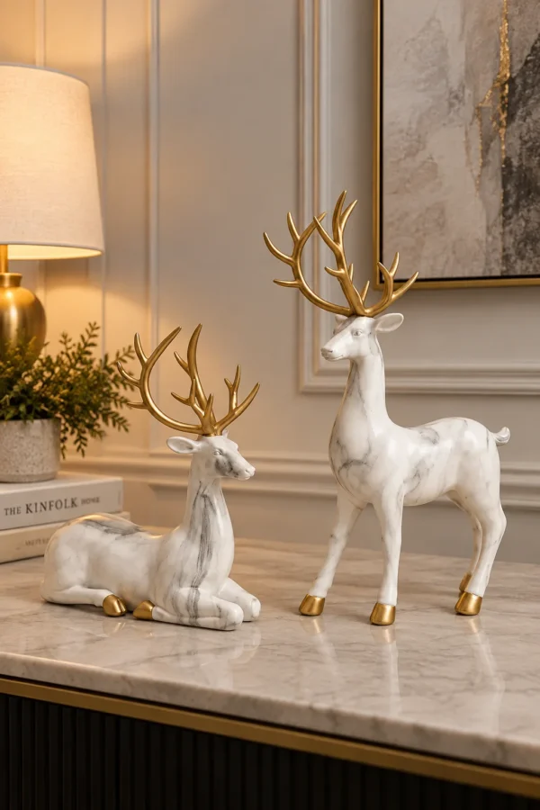 Marble-Effect Deer Figurines — Set of 2