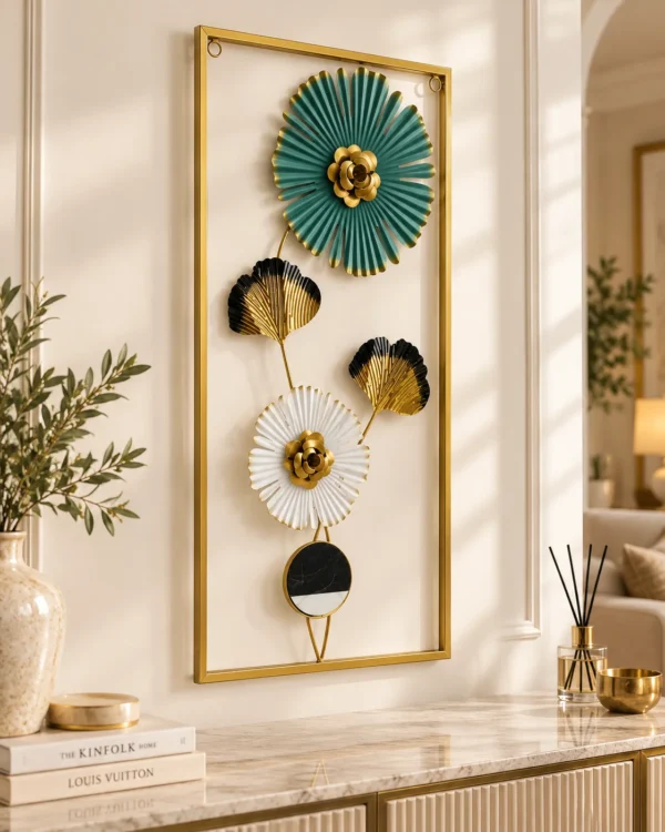 ChatGPT Image Sep 10, 2026, 09_51_41 PM Floral Metal Wall Art — Teal & Gold - product view 2