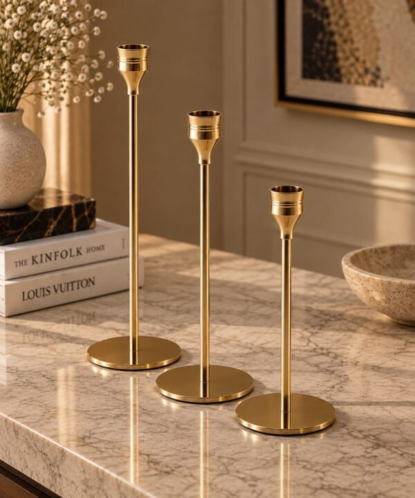 Set of 3 Graduated Brass Taper Candle Holders - product view 2