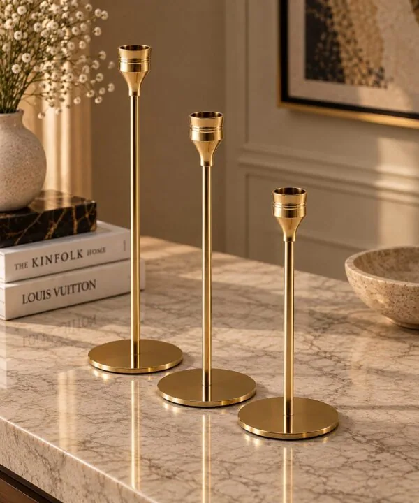 Set of 3 Graduated Brass Taper Candle Holders - product view 2