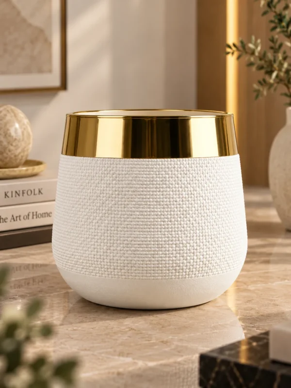White Ceramic Planter with Gold Rim