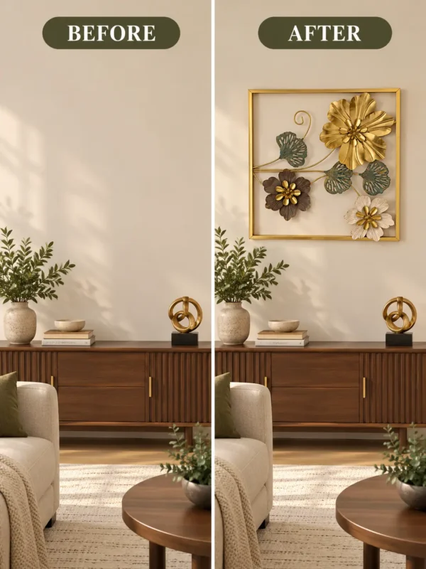 Gold Frame Floral Metal Wall Art with Teal Leaves