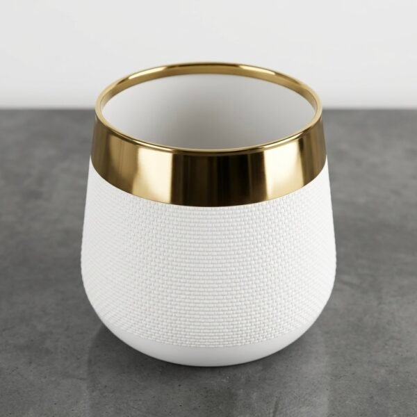 White ceramic planter pot with gold rim, alternate view