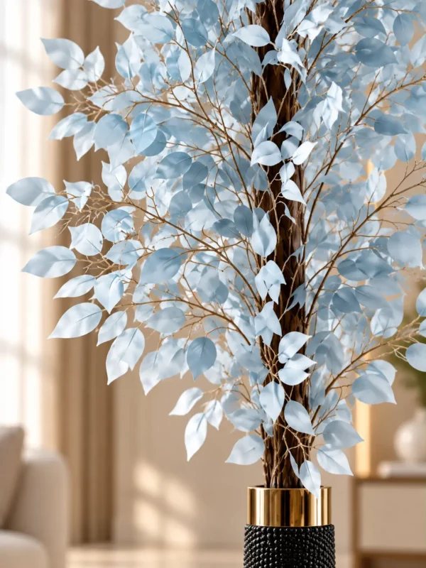 Powder-Blue Foliage in Gold-Rimmed Vase-1 Powder Blue Artificial Foliage Tree in Black Vase