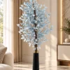 Powder-Blue Foliage in Gold-Rimmed Vase-3 Powder Blue Artificial Foliage Tree in Black Vase
