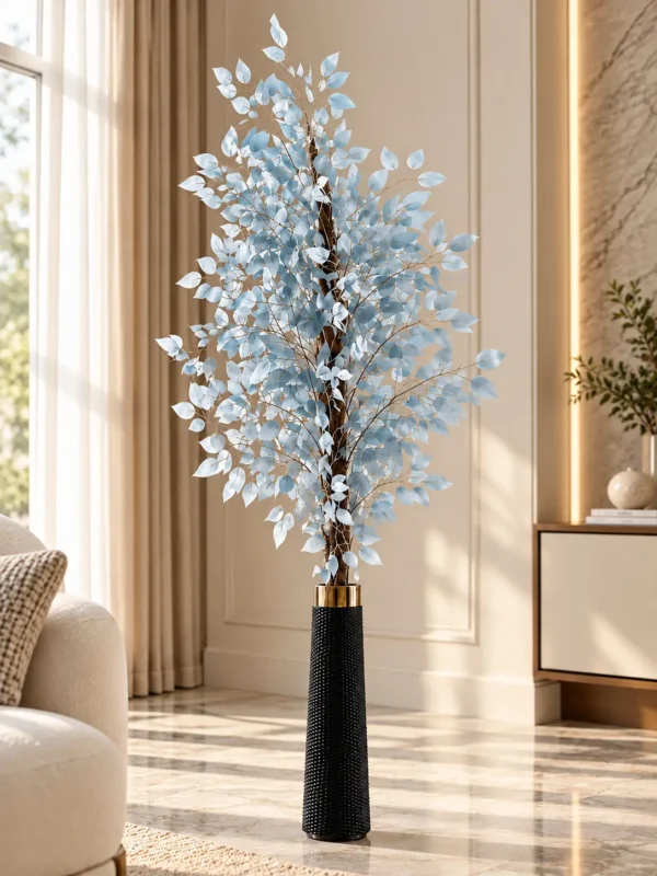 Powder-Blue Foliage in Gold-Rimmed Vase-3 Powder Blue Artificial Foliage Tree in Black Vase