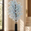 Powder-blue foliage in gold-rimmed vase-2 Powder Blue Artificial Foliage Tree in Black Vase