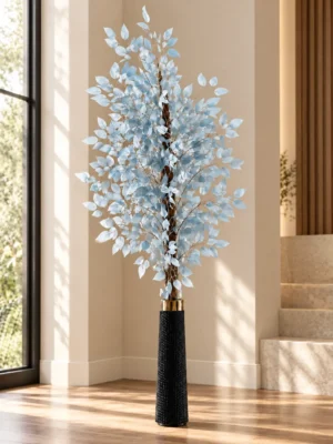 Powder Blue Artificial Foliage Tree in Black Vase