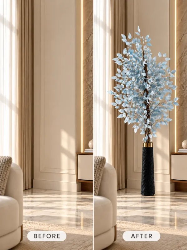 Powder-blue foliage_ before and after Powder Blue Artificial Foliage Tree in Black Vase