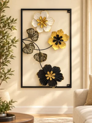 aa9dbb84-ee91-4462-8c30-074ba0f41c6a Black Frame Floral Metal Wall Art with Gold Accents