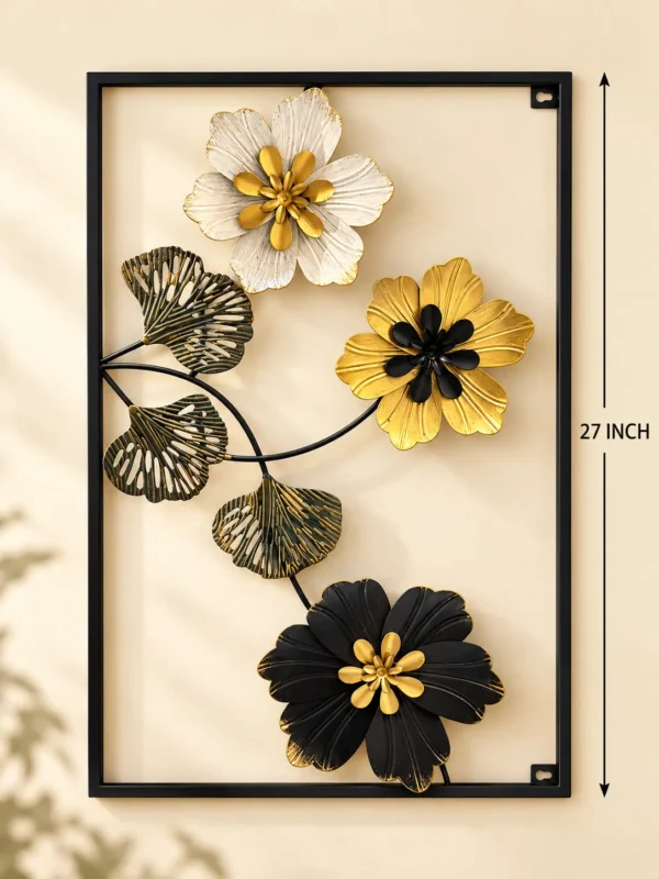 Black Frame Floral Metal Wall Art with Gold Accents