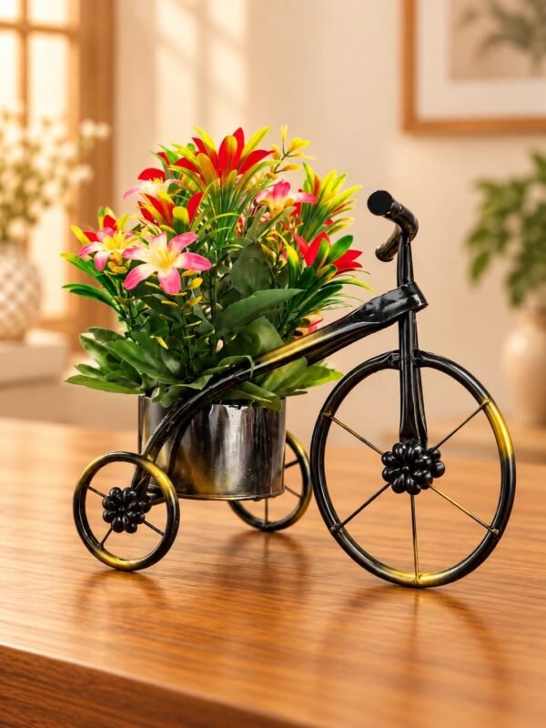 img_4102 Black & Gold Bicycle Planter with Artificial Flowers
