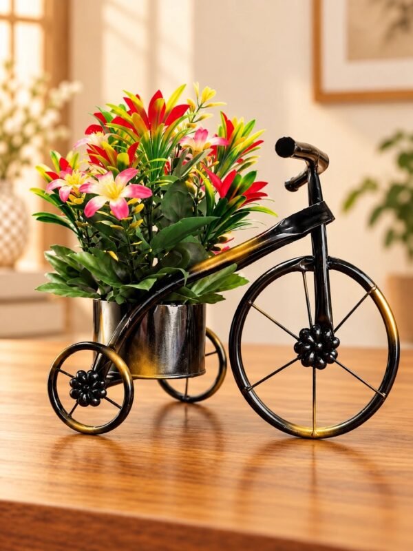 img_4103 Black & Gold Bicycle Planter with Artificial Flowers