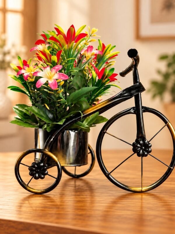 img_4104 Black & Gold Bicycle Planter with Artificial Flowers