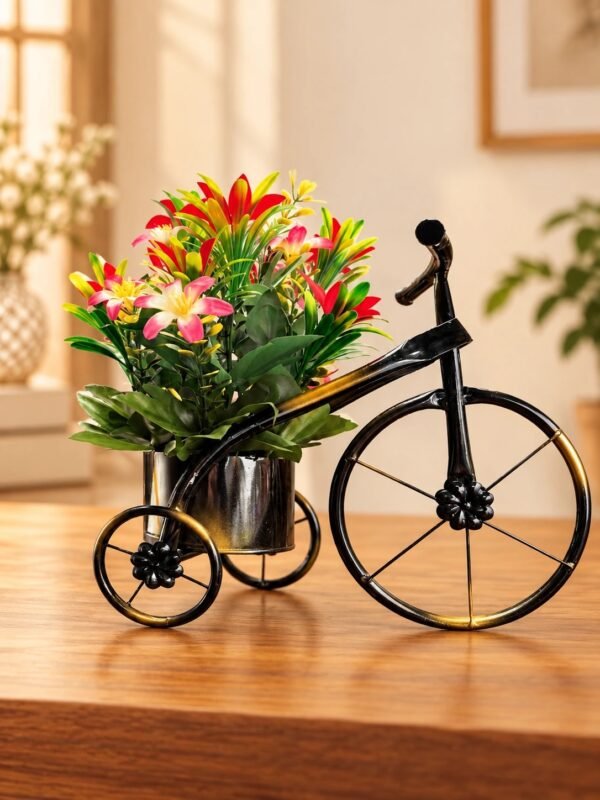 img_4105 Black & Gold Bicycle Planter with Artificial Flowers