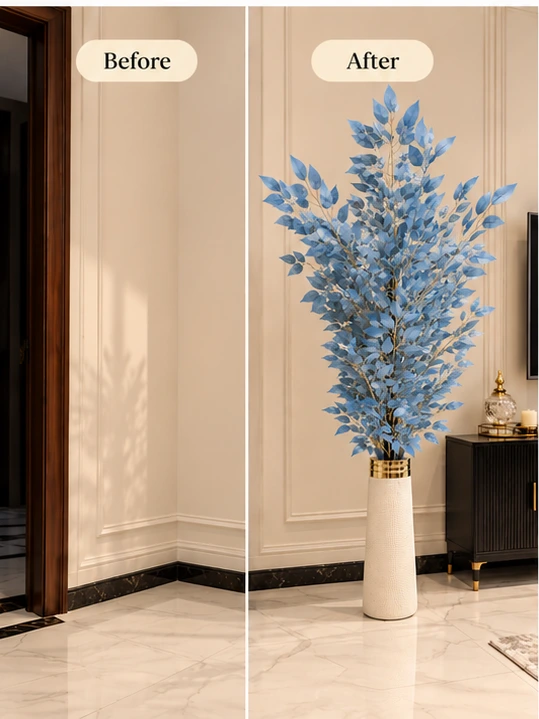 Powder Blue Artificial Foliage Tree in white Vase