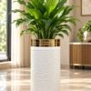 25-Inch White Textured Floor Planter with Gold Rim