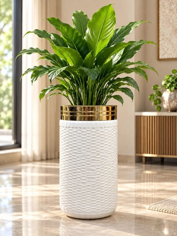 25-Inch White Textured Floor Planter with Gold Rim