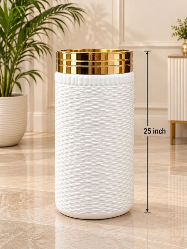 25-Inch White Textured Floor Planter with Gold Rim