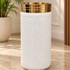 25-Inch White Textured Floor Planter with Gold Rim