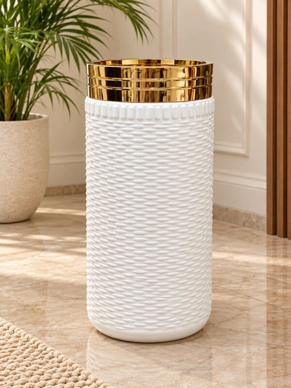 25-Inch White Textured Floor Planter with Gold Rim
